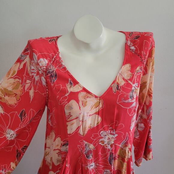 Free People All Eyes On You Floral Mini Swing Dress 4 Coral 3/4 Bell Sleeve - Picture 3 of 16